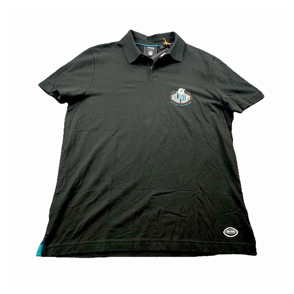 BOSS x NFL Miami Dolphins Polo Shirt Mens XL Black Teal Trim‎ NWT Hugo Boss